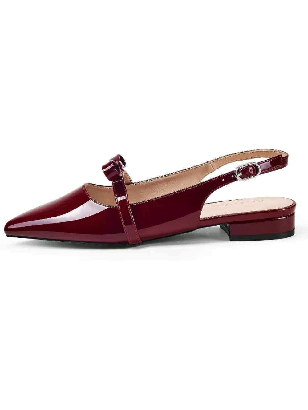 Women's Wine Red Leather Slingback Flats Rhinestone Closed Pointed Toe Shoes